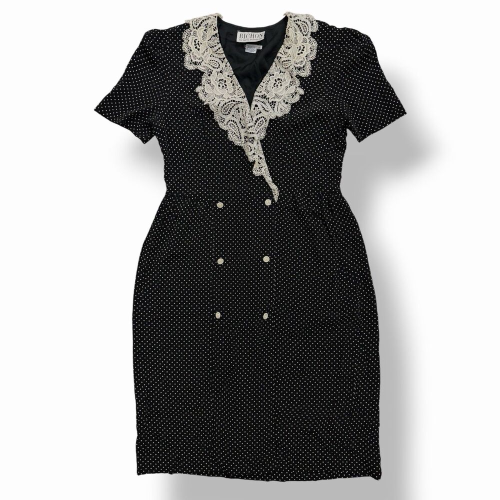 Vintage 80s 90s Polka Dot Midi Dress Crochet Lace Collar Double Breasted 12